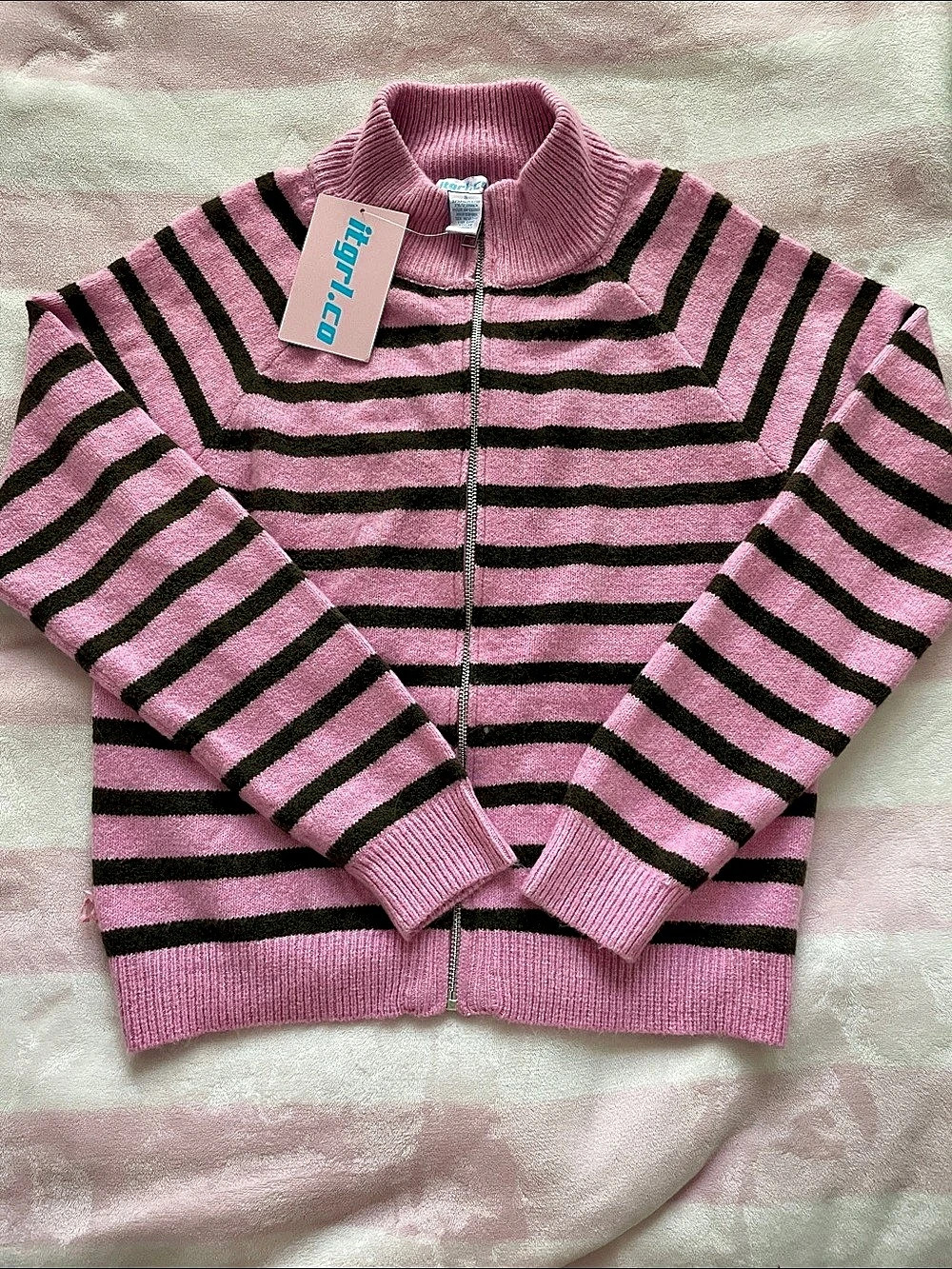 itgirl.com Striped Zip Sweater in Pink & Black Size Small NWT